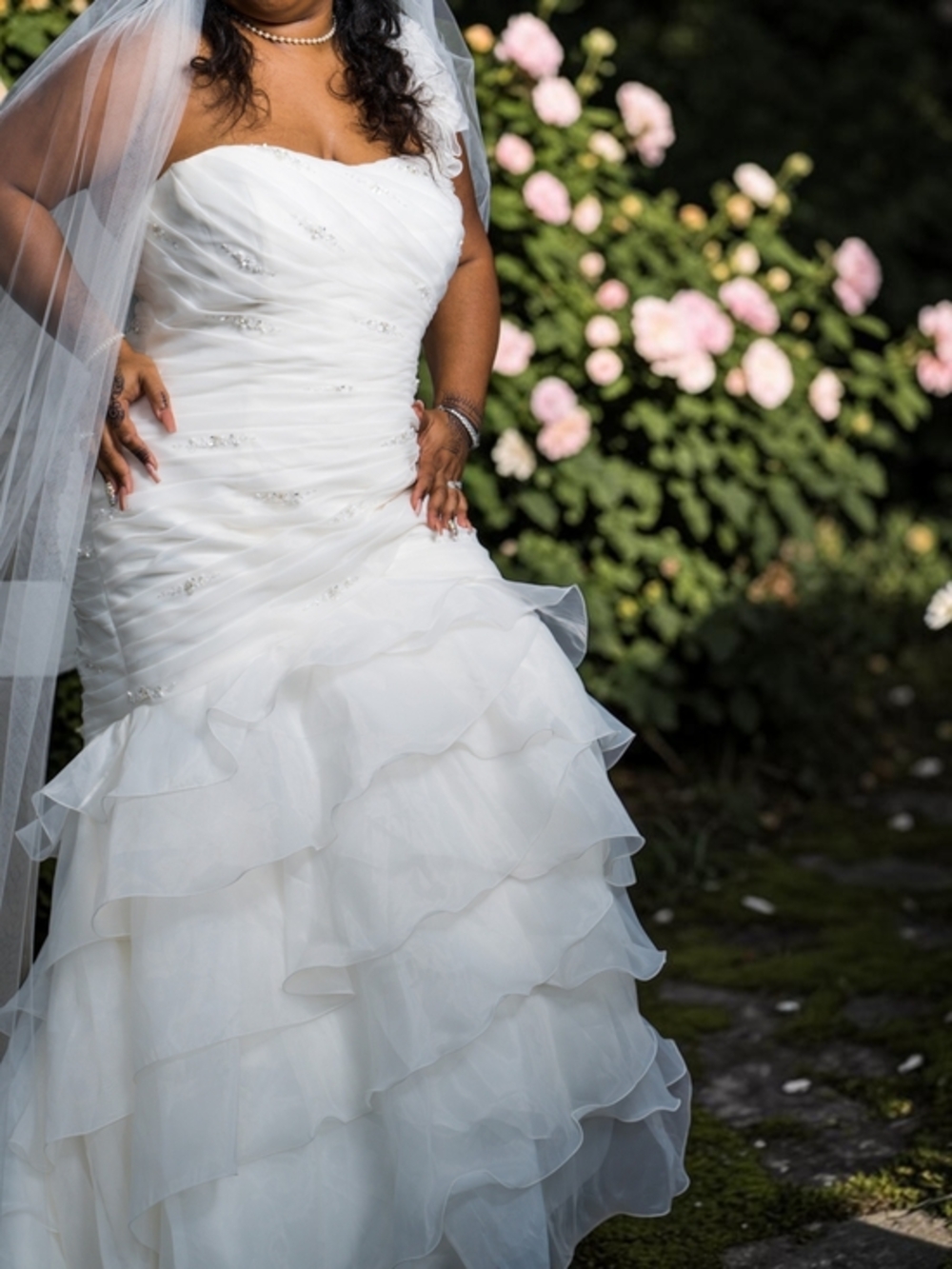 Elegant White Strapless Ruffle Wedding Dress- Size 14